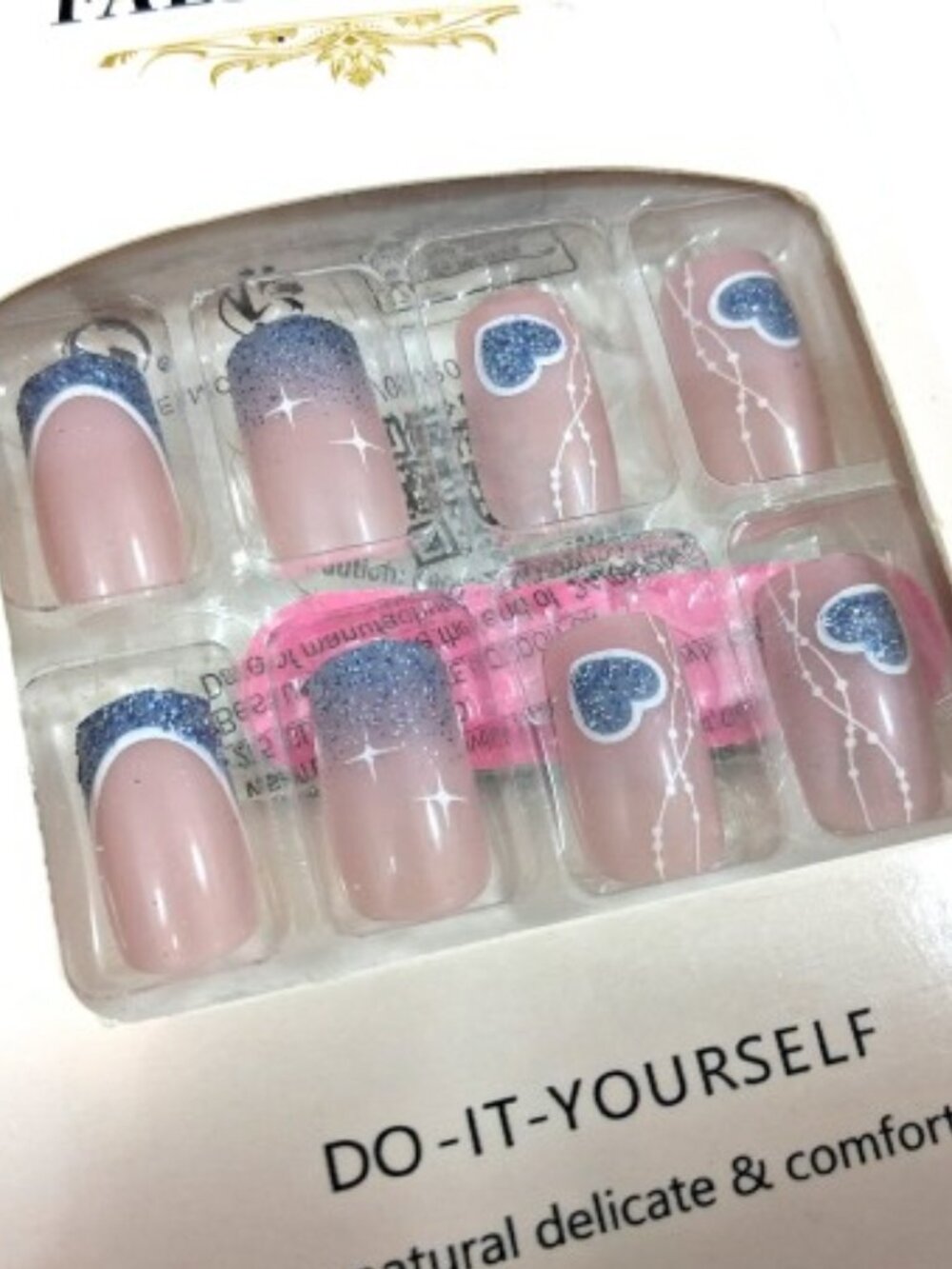 Press On Nails  French with Designs Hearts Glitter Pink Long Square 24 Piece Set